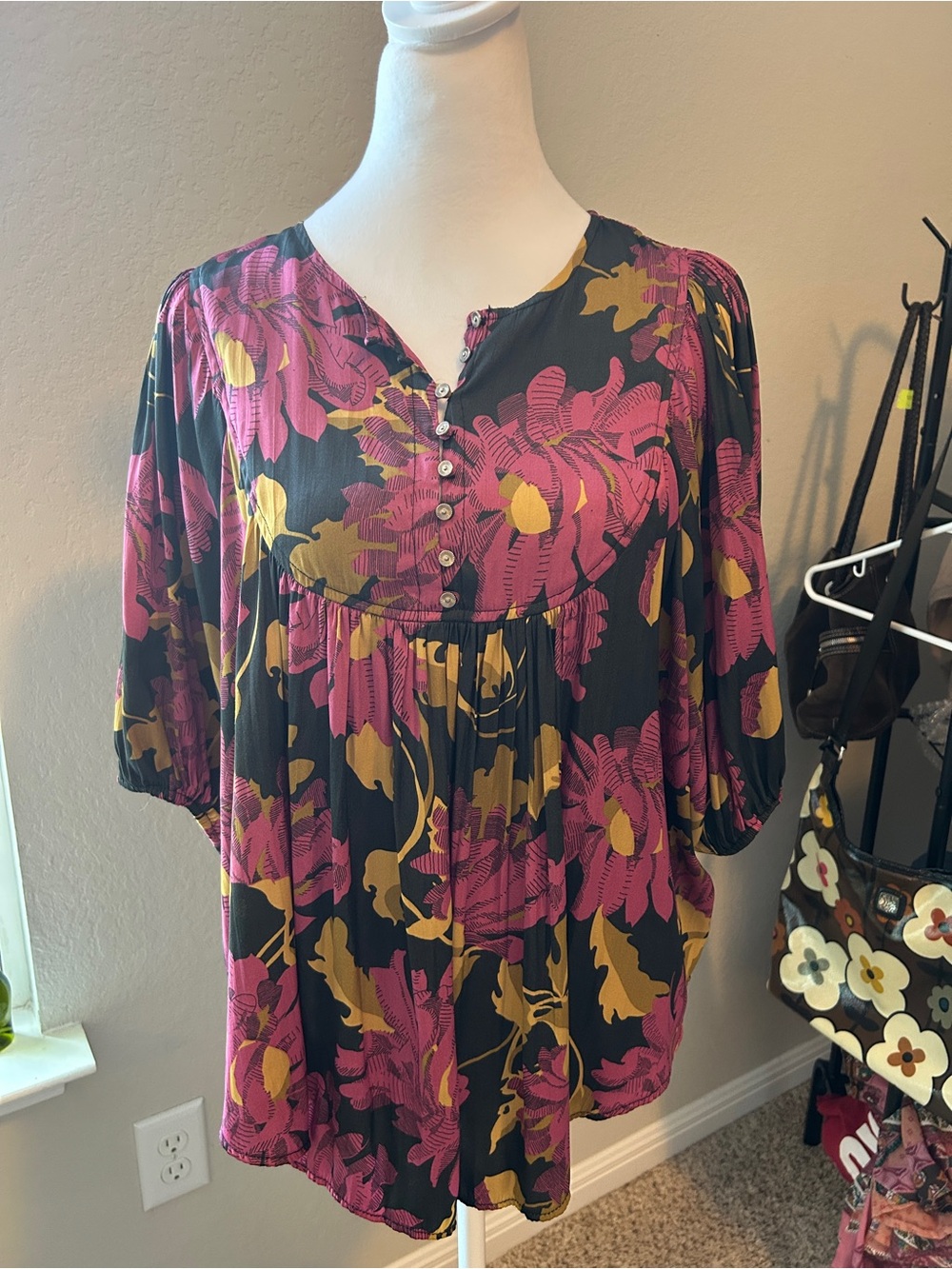 ANTHROPOLOGIE Flowy Babydoll 3/4 Sleeve Half Button Floral Blouse Size 1X